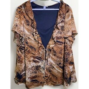 VTG Dress Barn Short Sleeve Top Women 22/24 Animal Print Black Lined Casual Care